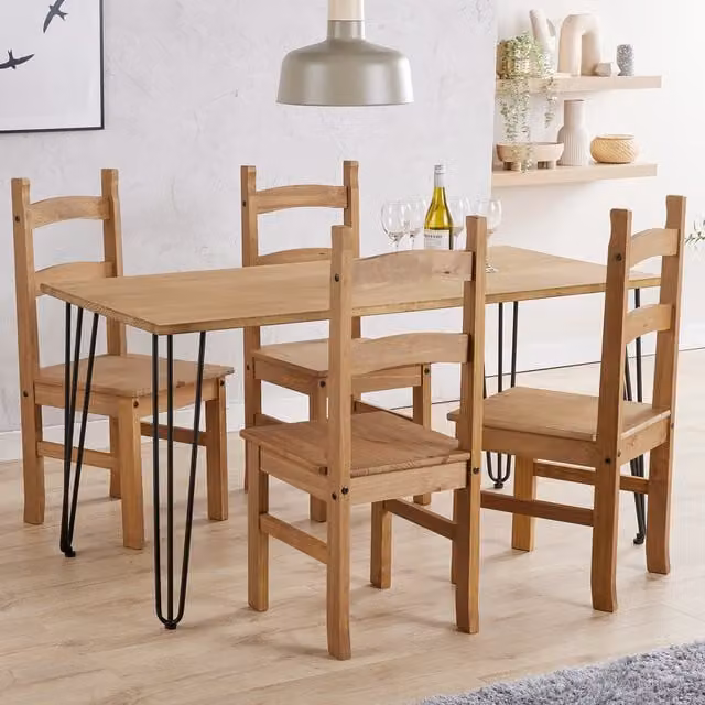 Augusta Rectangular Dining Table and 4 Chairs Set in Antique Waxed Pine and Metal, Brown and Black