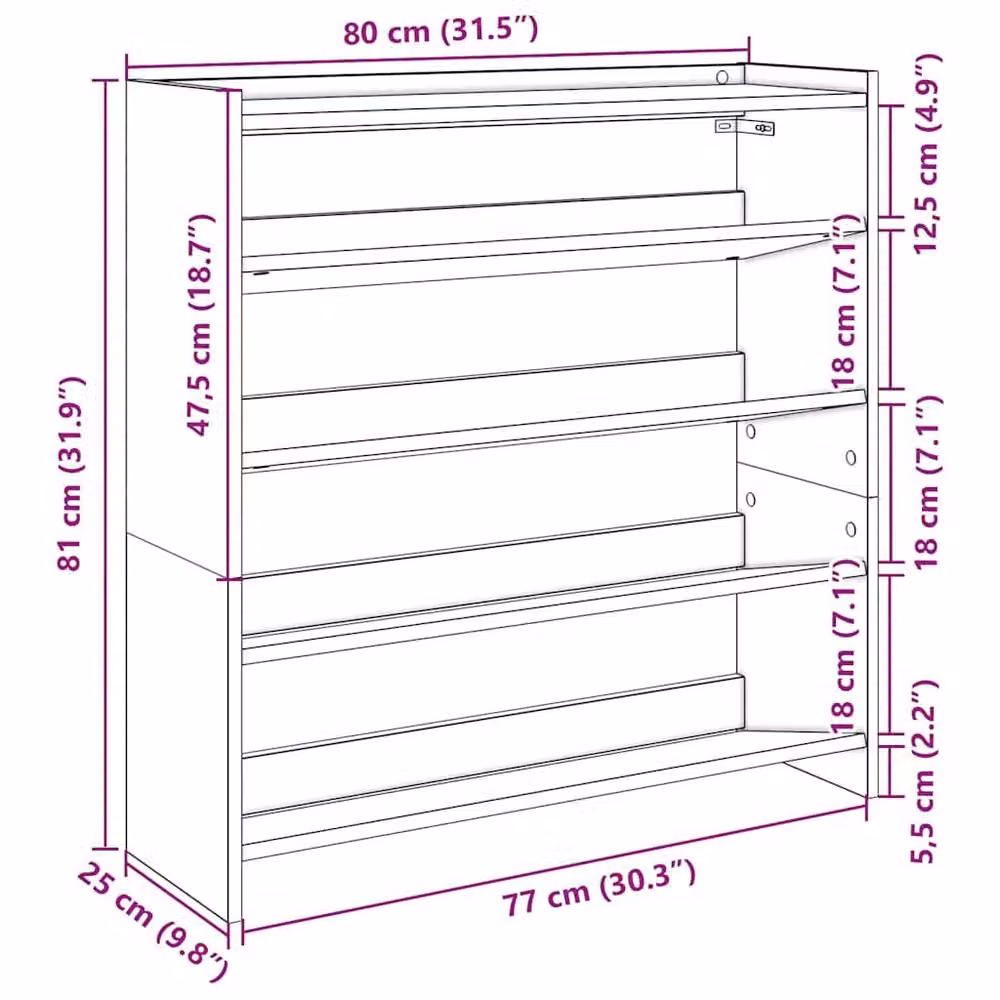 Berkfield Home Black MDF Shoe Rack, W: 80 cm, D: 25 cm, H: 81 cm – 8
