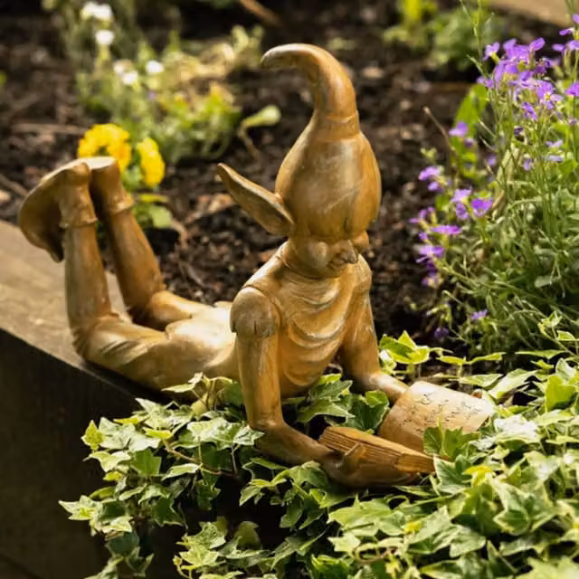 Garden Mile Reading Elf Tabletop Garden Ornament in Bronze Poly Resin