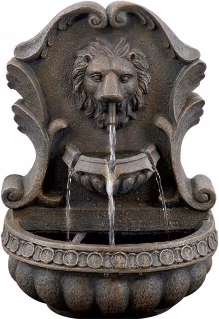 GEEZY Lion Head Cascade Water Feature with LED Lights in Brown and Grey Polyresin
