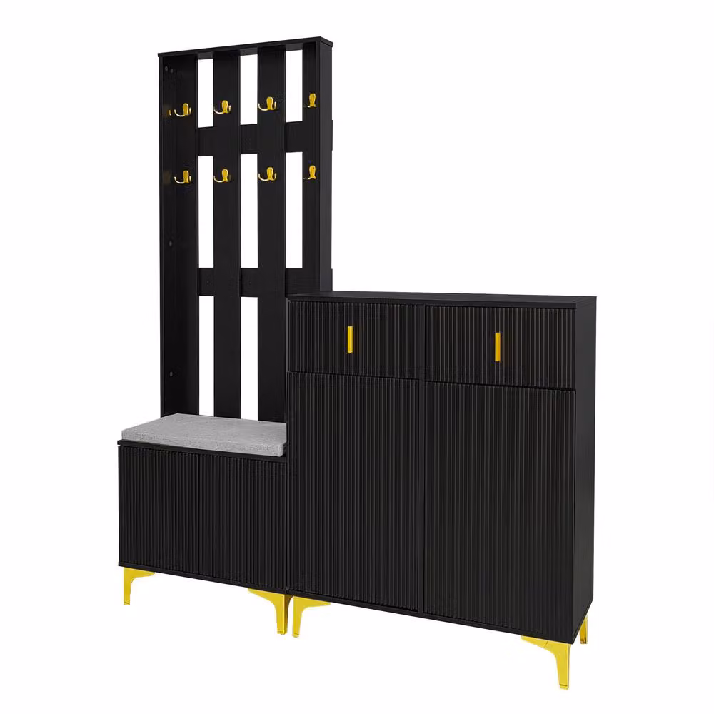 Rolipo Black Modern Wardrobe Set with Shoe Bench and Gold Hooks – 3