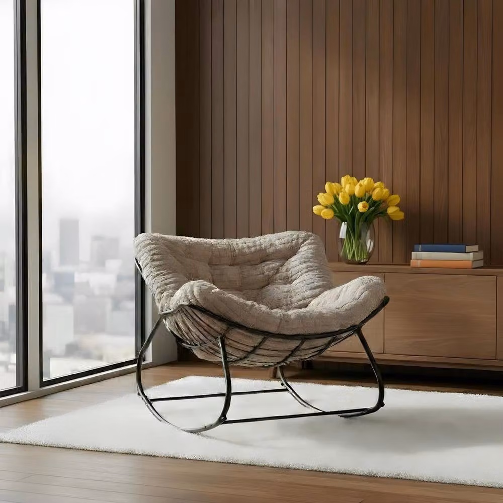 OHS Ribbed Faux Fur Rocking Chair with Upholstered Metal Frame in Beige/Sand – 2