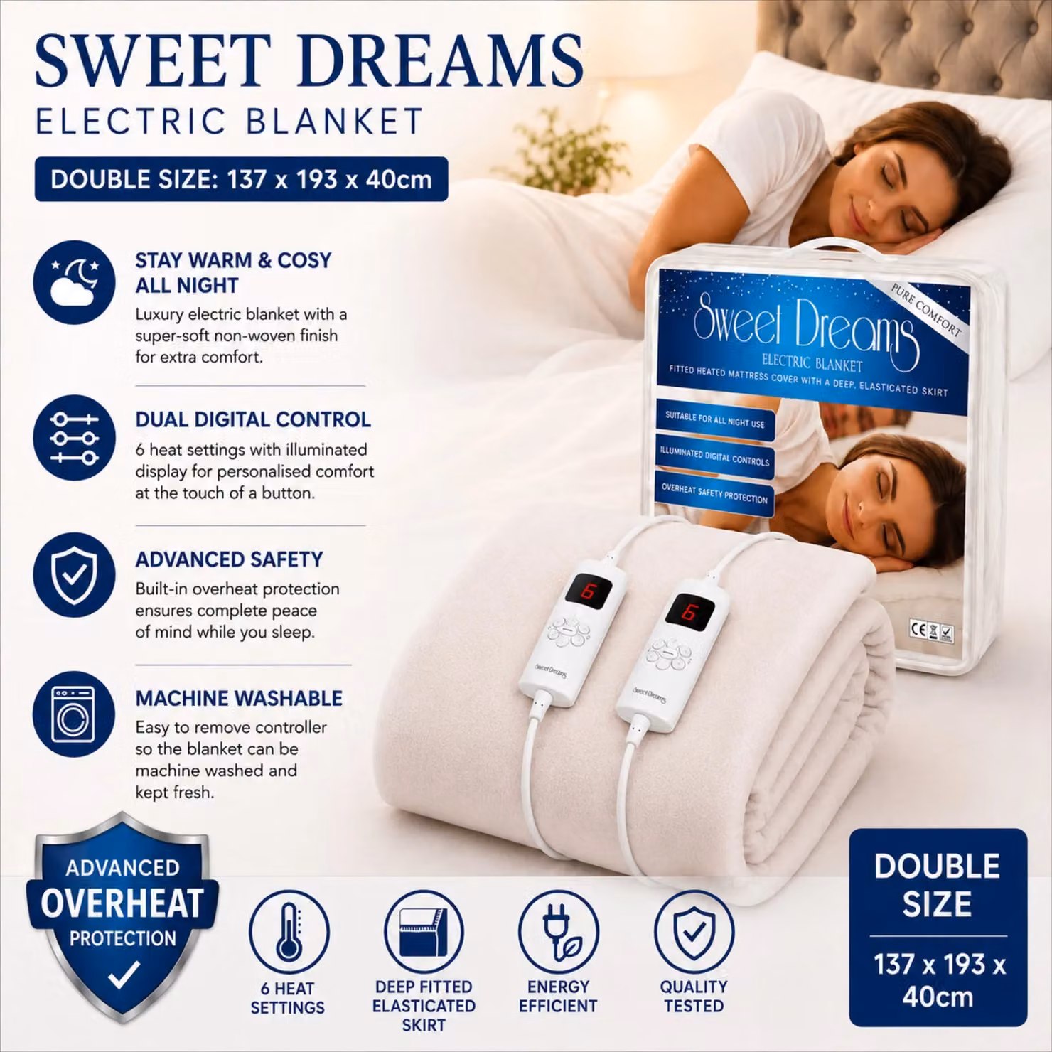Sweet Dreams Double Bed Size Heated Fitted Mattress Cover in White, W/D/H: 140 x 200 cm – 5