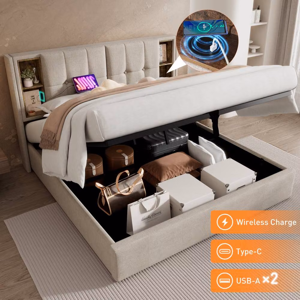 Merax Upholstered Hydraulic Storage Bed Frame with Wireless Charging and USB Ports in Beige, W/D/H: 140 x 200 x 135 cm – 3