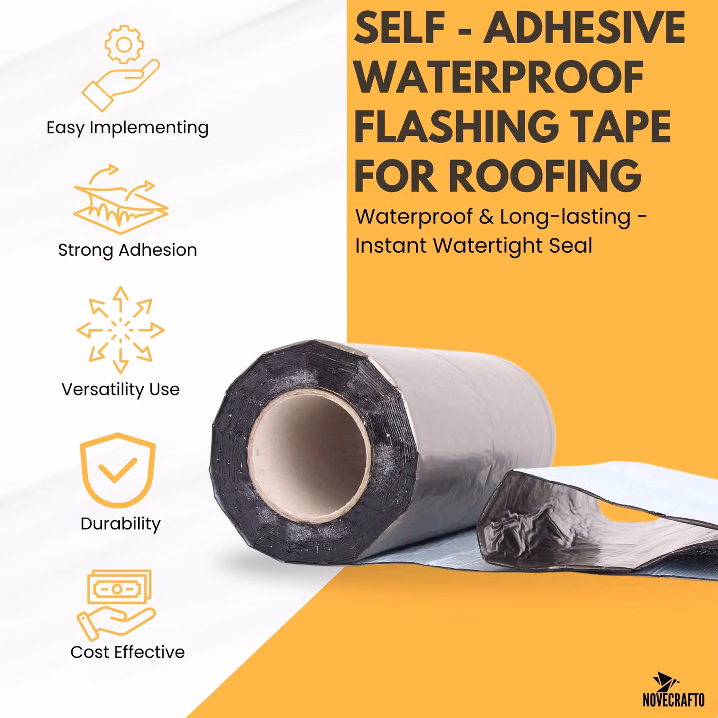 Novecrafto Self Adhesive Flashing Tape for Bitumen Roof, Chimney and Gutter Repairs, Black, W: 30 cm, L: 10 m – 5