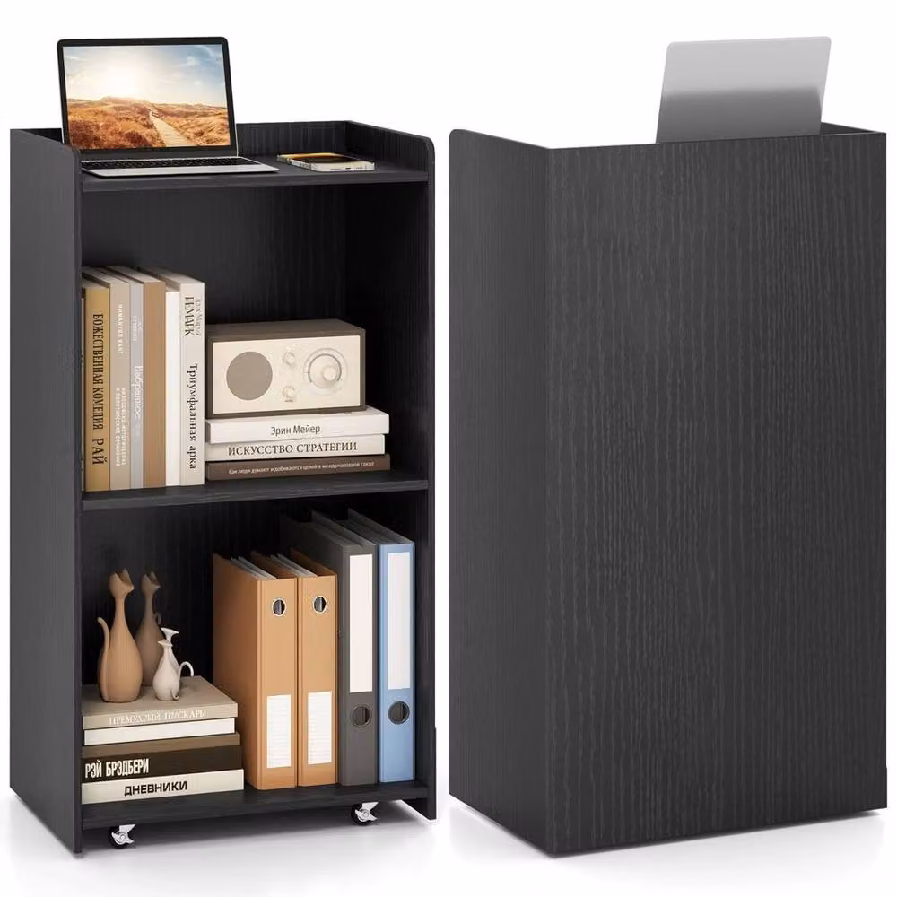 Havendro Podium Rolling Lectern Stand with 2 Storage Shelves, Black – 3