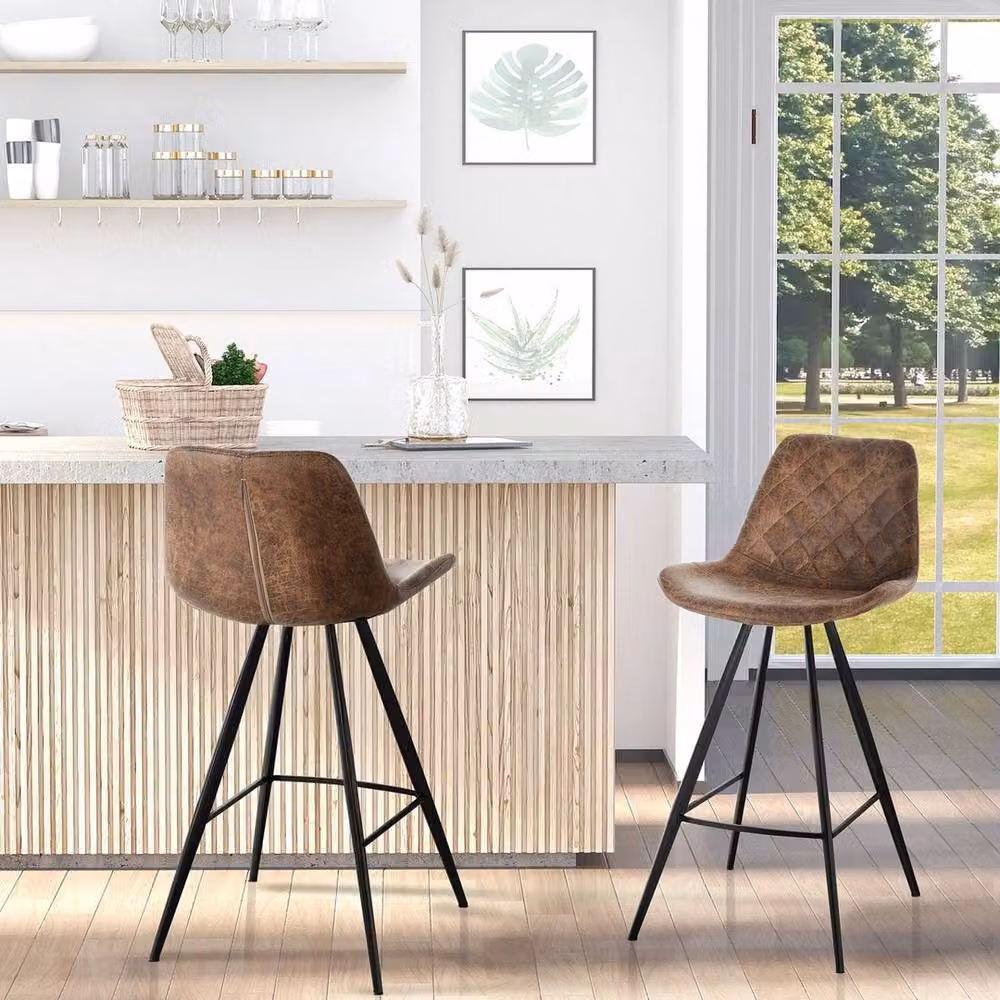 Havendro Set of 2 Vintage Brown Microfibre Bar Stools with Metal Legs – 3