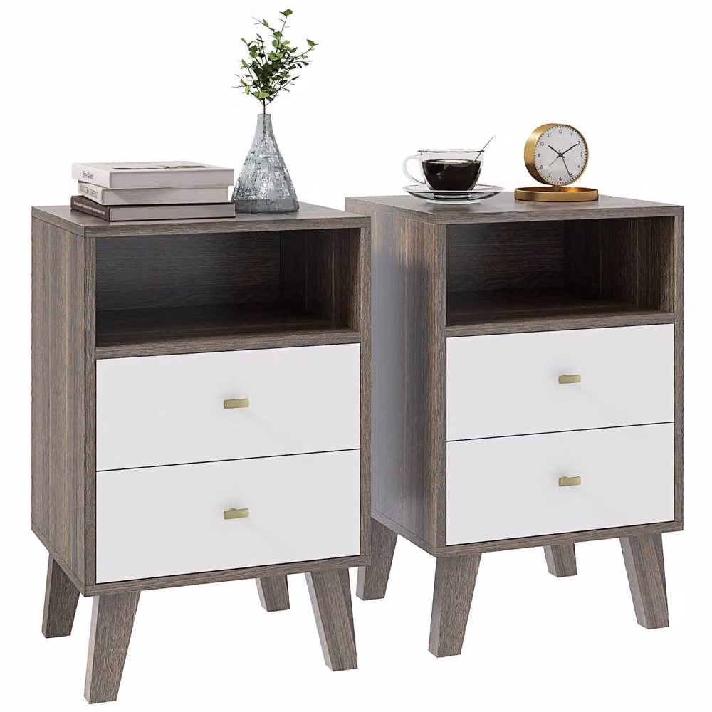 Wyld Haus Cosana Scandinavian Bedside Table with Drawers and Open Shelf in Grey and White – 2