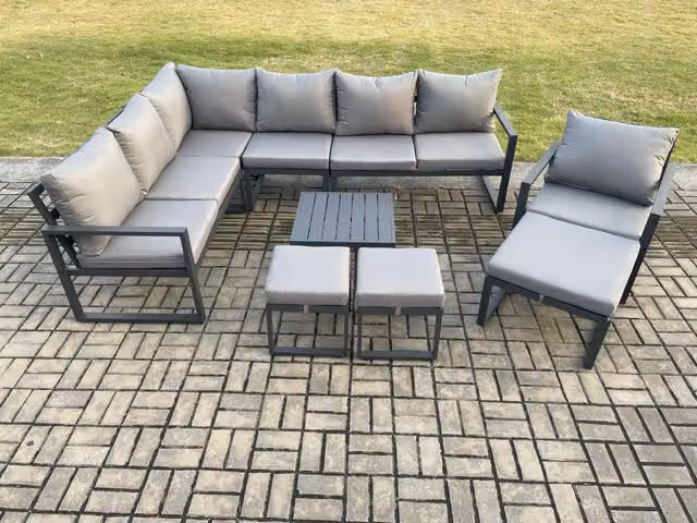Fimous 10 Seater Outdoor Lounge Corner Sofa Set in Dark Grey with Powder Coated Aluminium Frame, Square Coffee Table and 3 Footstools