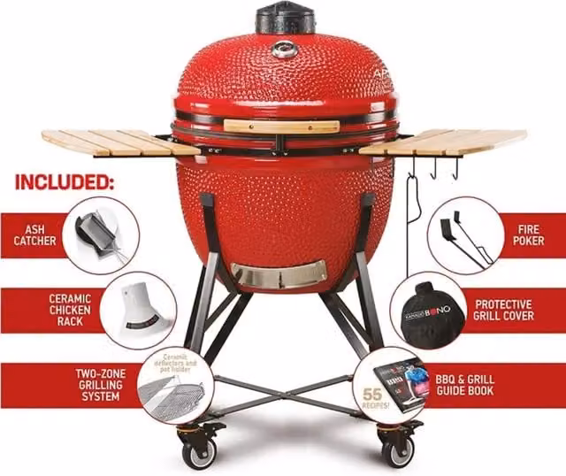 KAMADO BONO 25 inch Red Ceramic Charcoal Kamado BBQ Grill with Cover