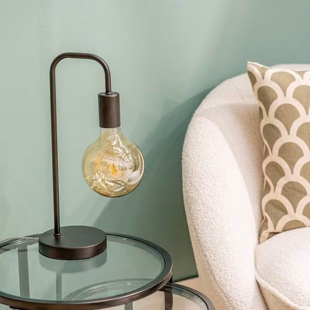 ValueLights Bronx Black Table Lamp with Curved Metal Stem and Transparent Glass Shade