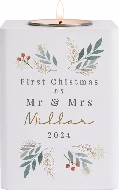 Personalised Memento Company White Christmas Foliage Tealight Holder