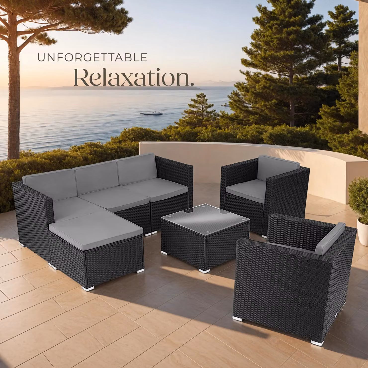 tectake Lignano Modern L-Shape Garden Furniture Set in Black with Upholstered Cushions, Coffee Table and Ottoman – 6