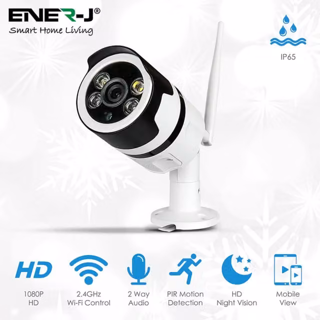 Ener-J Smart Outdoor Bullet IP Camera with 1080P Resolution, Two-Way Audio, Night Vision and IP66 Waterproof Rating, White