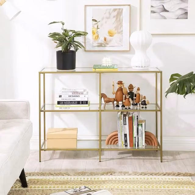VASAGLE Modern Gold Console Coffee Table with 3 Transparent Glass Shelves and Steel Frame – 1