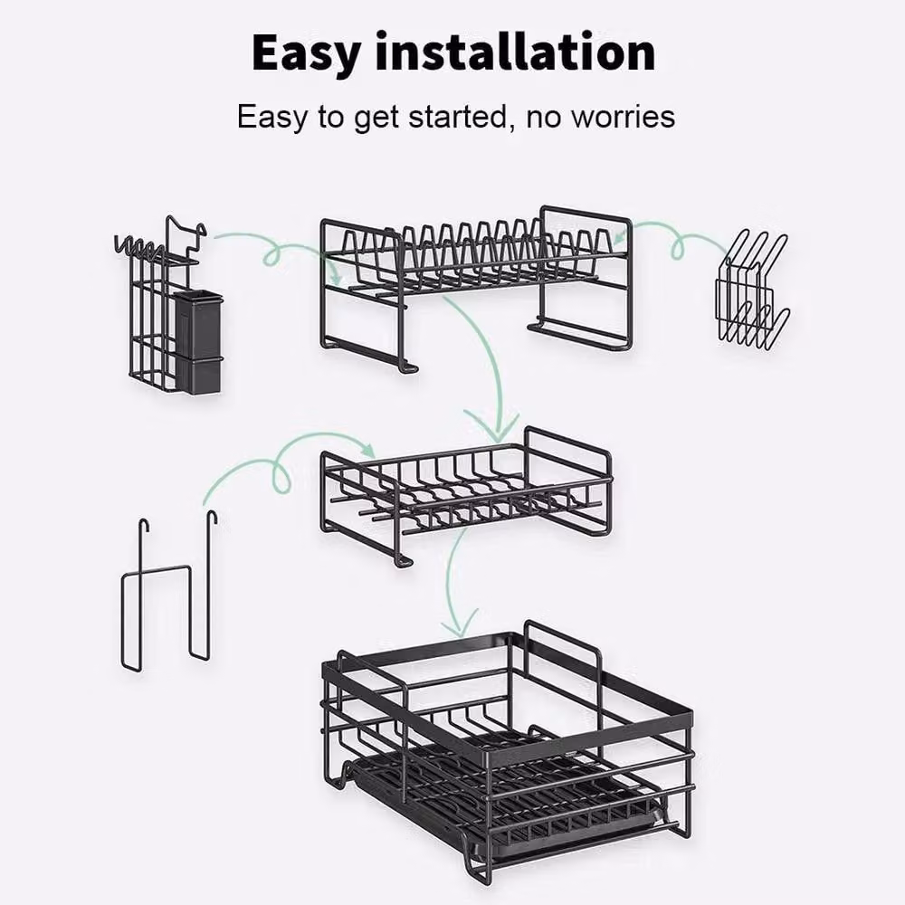 FORGEVIO 3 Tier Metal Dish Drainer Rack with Drip Tray and Cutlery Holder in Black – 4