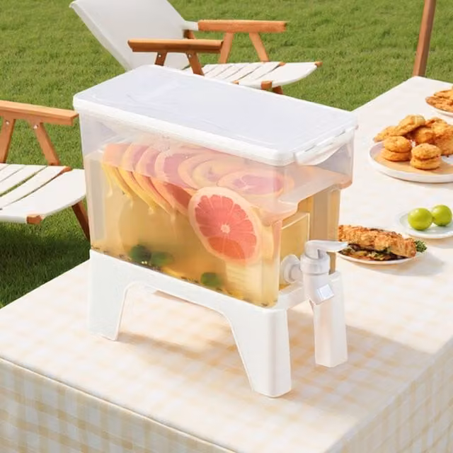 Komore 3.5L Refrigerator Beverage Dispenser Jug with Drip-Free Spout and Base, White and Transparent