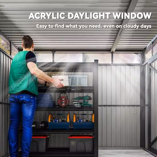 Outsunny Grey Galvanised Steel Garden Shed with Single Door, Windows and Roof Vent, W/D/H: 162 x 259 x 201 cm – 4