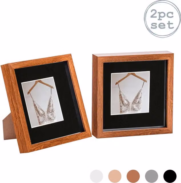 Nicola Spring Pack of 2 Black 3D Box Photo Frames with 4 x 4 inch Mount, W/D/H: 20 x 20 x 20 cm