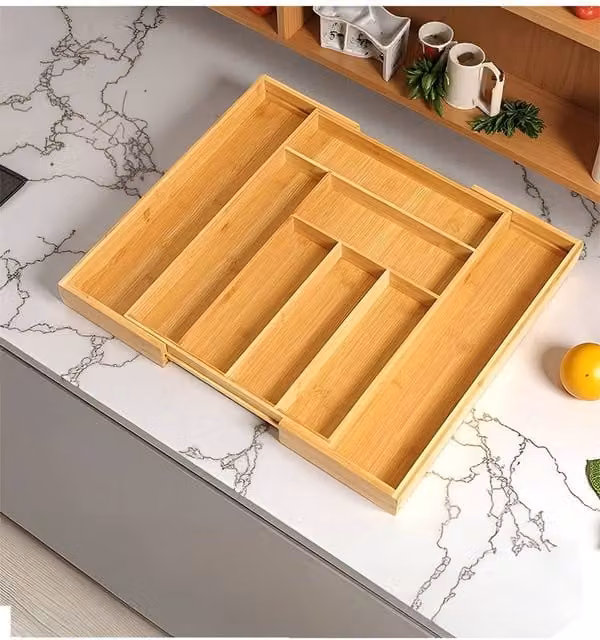 Living and Home Adjustable Bamboo Cutlery Drawer Organiser Tray in Brown and Sand