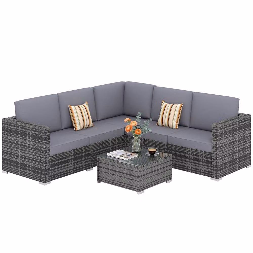 OUTSUNNY 4 Piece Rattan Furniture Set with Grey Wicker Chairs and Coffee Table – 2