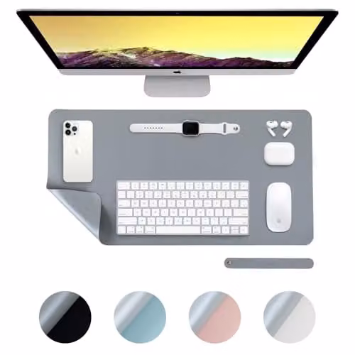 DesireTech Reversible Office Desk Mat, Waterproof Faux Leather Desk Pad and Mouse Pad, Grey/Silver, W: 60 cm, D: 35 cm