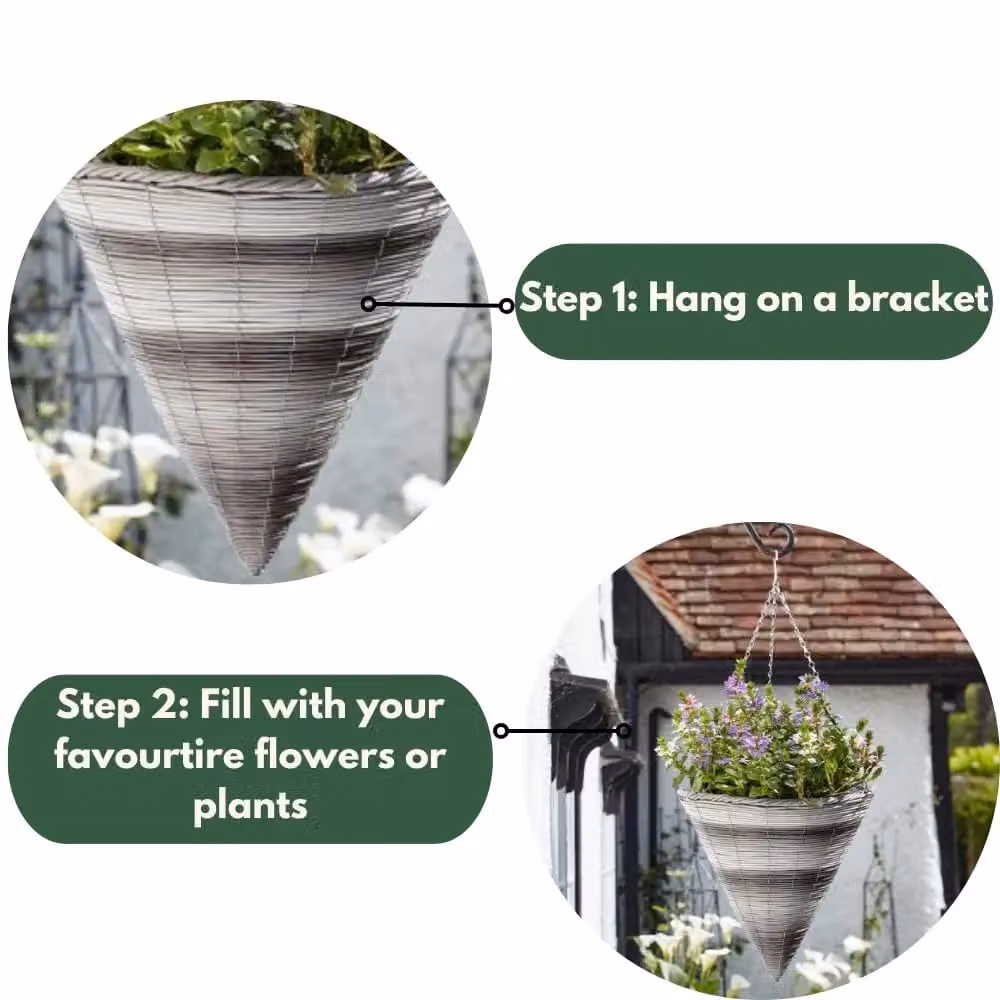 Marco Paul Grey Rattan Effect Hanging Flower Basket Planter, Diameter: 35.56 cm – 6