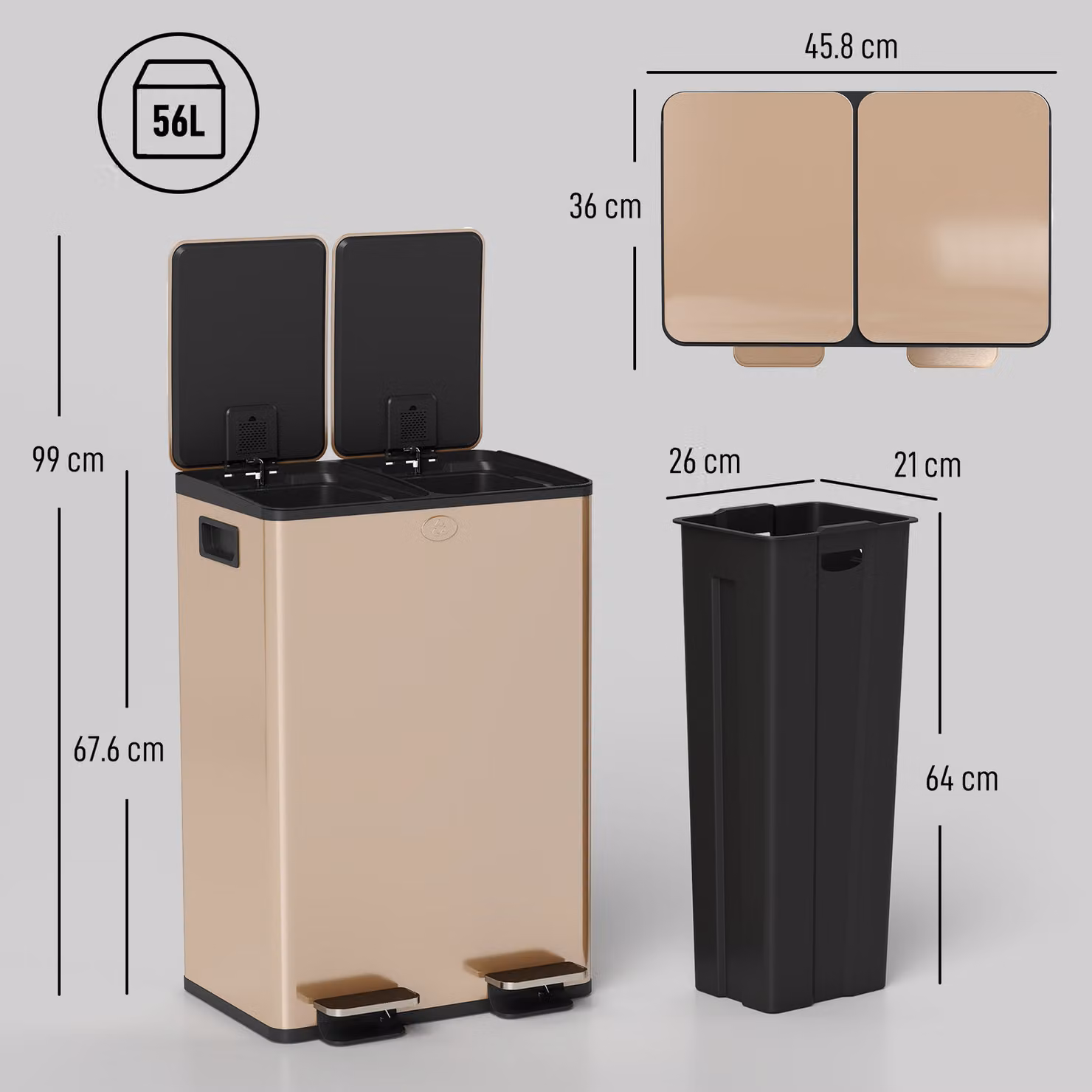 HOMCOM 56L Dual Compartment Stainless Steel Pedal Bin with Deodoriser Holders, Gold Tone – 3