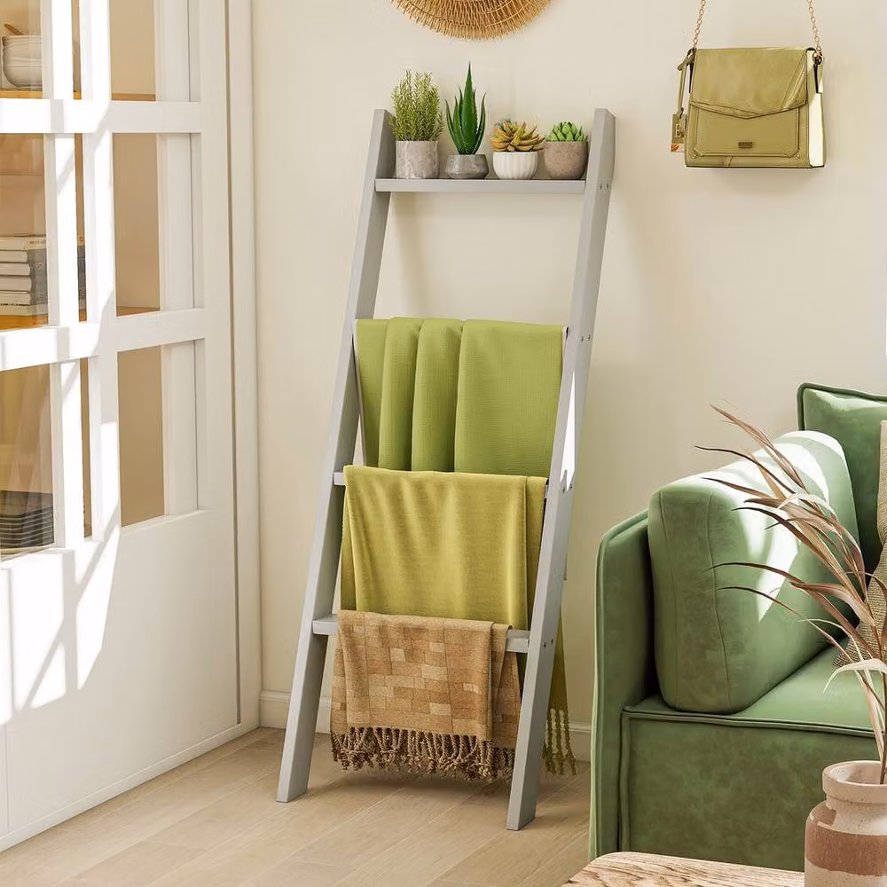 Havendro 4 Tier Wooden Blanket and Quilt Ladder in Light Grey, Height: 137 cm – 2