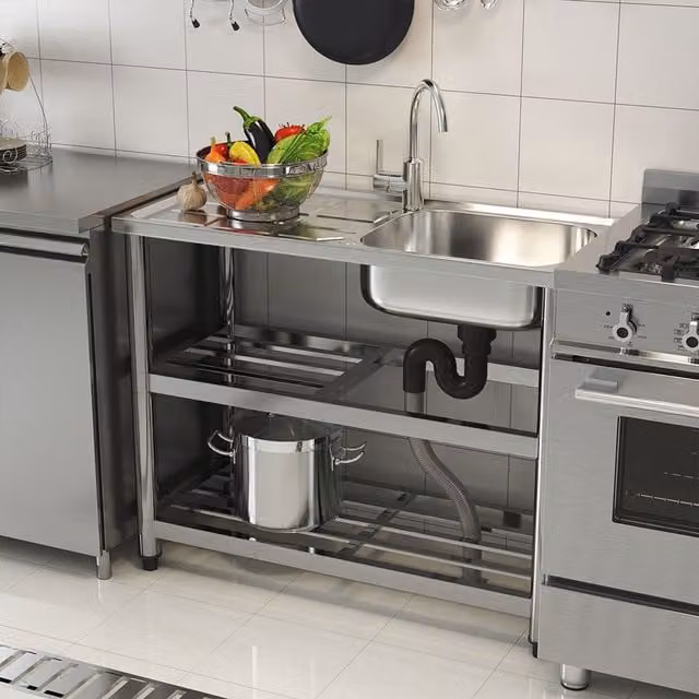 Livingandhome Freestanding Single Bowl Stainless Steel Kitchen Sink with Double Shelf in Silver