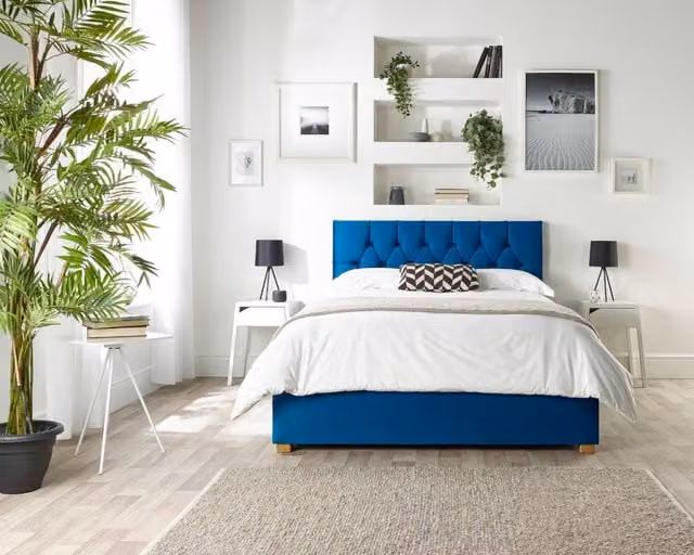 Catherine Lansfield Boutique Blue Velvet Chesterfield Upholstered Ottoman Bed with Lift Up Base