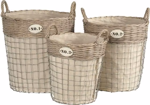 Orsina Set of Three Round Wicker Laundry Baskets with Removable Bags in Brown and Beige