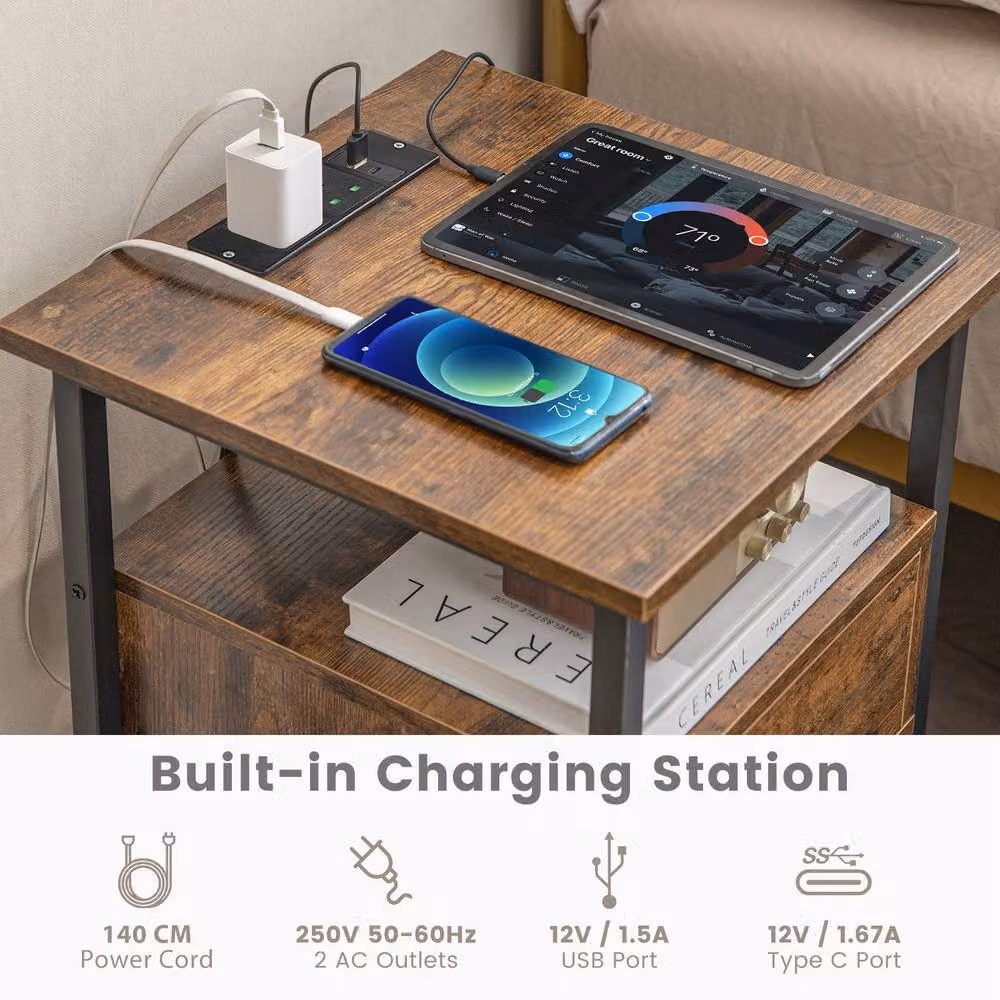 Costway 3-Tier Brown Nightstand with Charging Station and Industrial Wood and Metal Design – 5