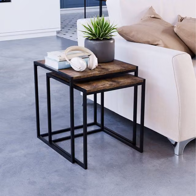 Vida Designs Brooklyn Nest of 2 Industrial Wood and Metal Tables in Dark Wood