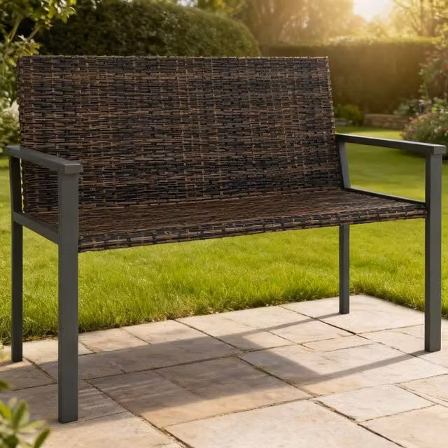 ERGOVEXA 2 Seater Modern Rattan Garden Bench with Armrests and Cushions, Brown, W/D/H: 120 x 60 x 85 cm