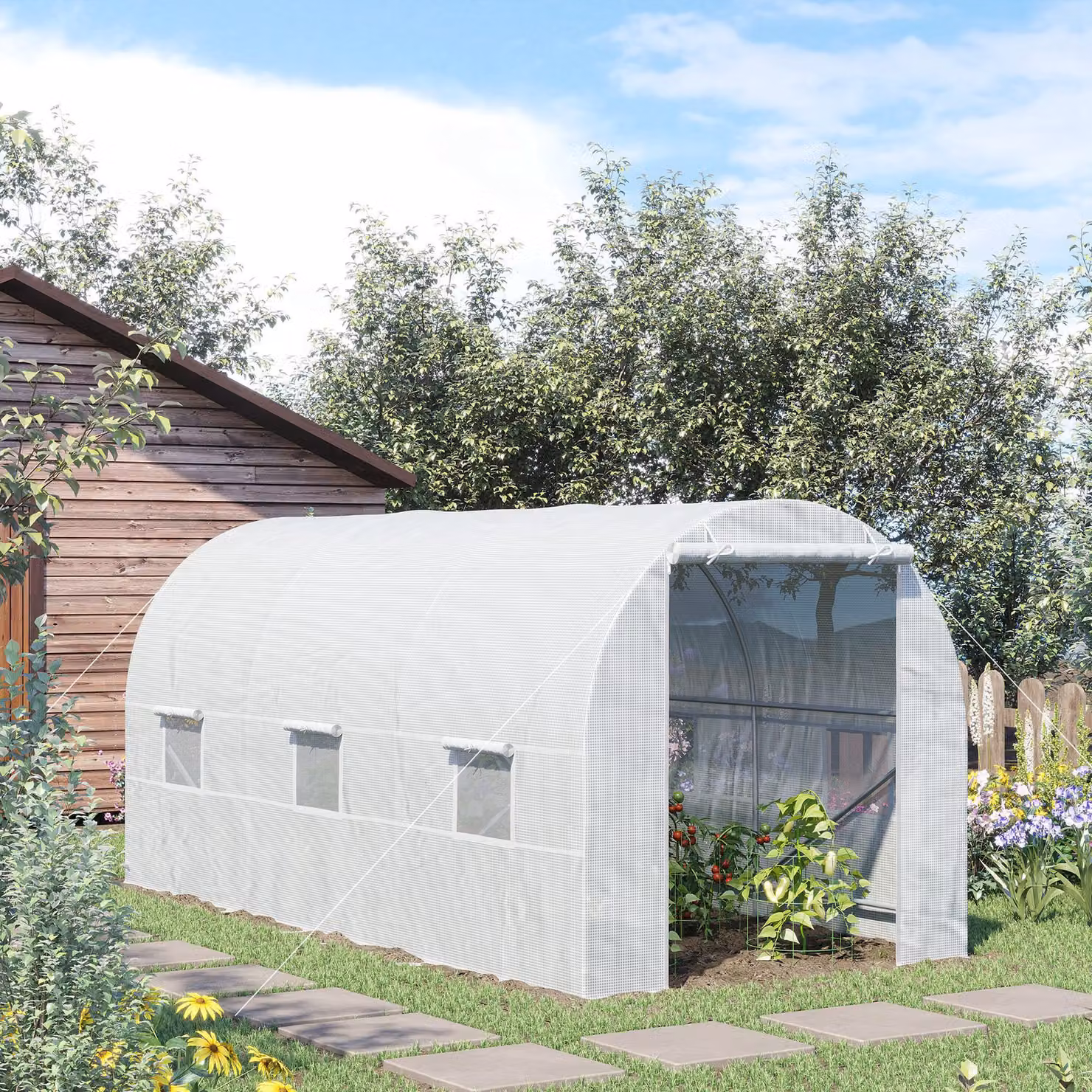 Outsunny White Walk-In Tomato Greenhouse and Large Vegetable Tunnel, W: 4.5 m, D: 2 m, H: 2 m – 4