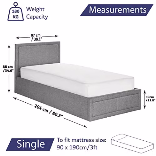 Home Treats Grey Fabric Upholstered Ottoman Bed Frame with Underbed Storage, Single, 90 x 200 cm – 2