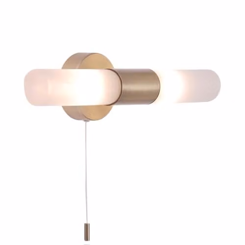 Happy Homewares Modern Gold Brass IP44 Rated Bathroom Wall Light Fitting with White Cylinder Glass Shades and Pull Chain, W/D/H: 32 x 10 x 8 cm
