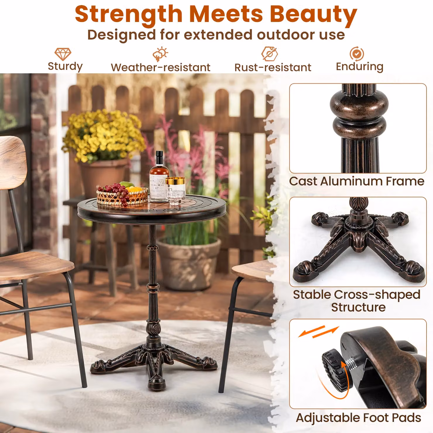 Gymax Round Cast Aluminium Patio Dining Table, Bronze, Diameter: 60 cm – 5