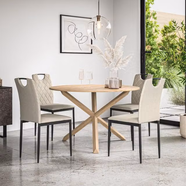 More4Homes Malvern Round Oak Effect Dining Table Set with 6 Monza Linen Chairs in Beige and Yellow