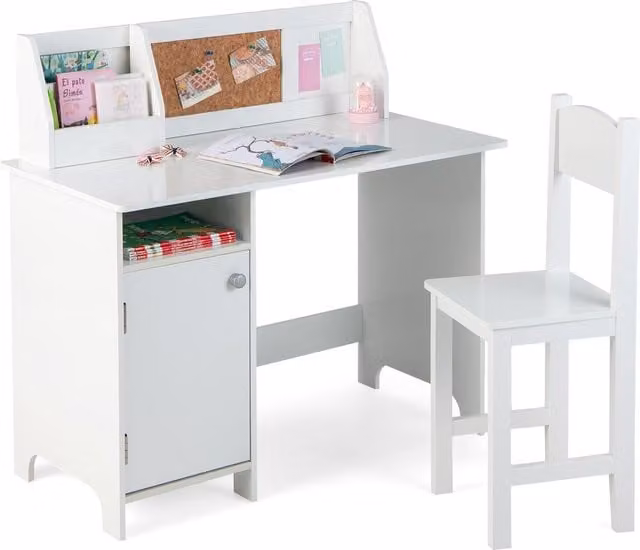 Costway White Wooden Childrens Desk and Chair Set with Pine Wood Writing Table – 1