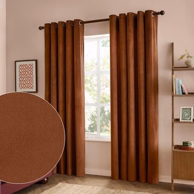 Furn Velvet Room Darkening Eyelet Curtain Pair in Terracotta, W: 229 cm, H: 229 cm