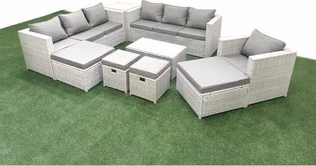 Fimous 9-Piece Rattan Garden Sofa Set in Grey with Cushions and Glass Top