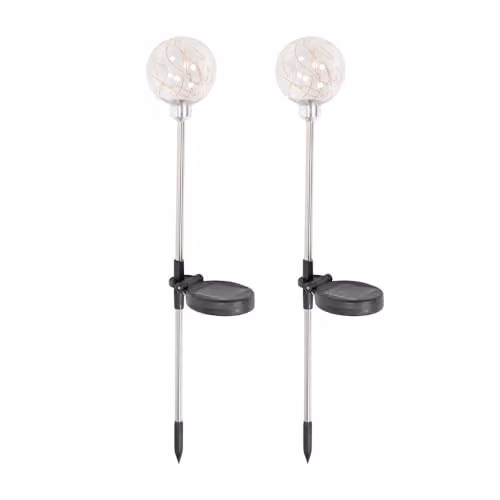 ValueLights Fairy Globe Solar Powered Outdoor Spike Lights 2 Pack in Transparent Glass with Warm White Light – 1