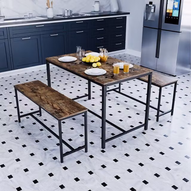 Vida Designs Industrial Rectangular Dining Set with Table and Benches in Brown Wood and Metal