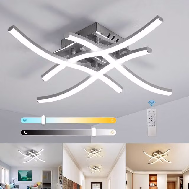 Pheashine Silver Wave LED Ceiling Light, 28W Dimmable with Remote Control, 3000-6500K, Silver