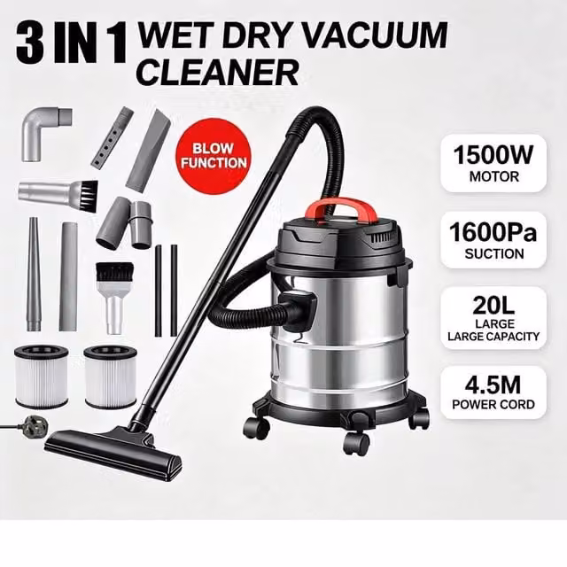 PAWNORA Commercial 1500W Wet and Dry Vacuum Cleaner, 20L, Silver
