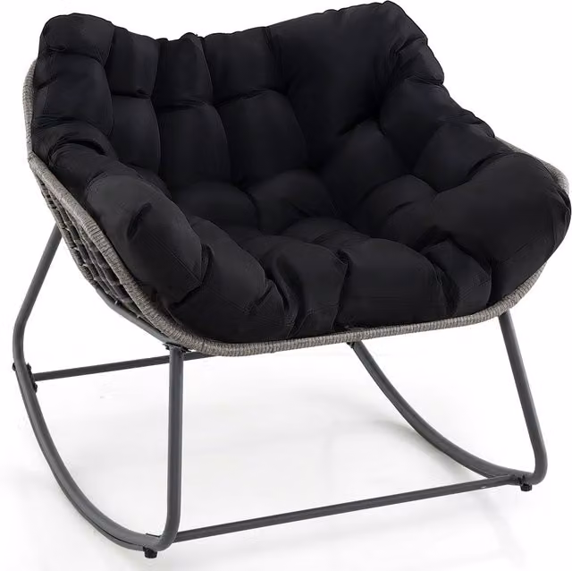 Gymax Oversized Outdoor Rocking Egg Chair with PE Wicker and Cushion in Black – 1