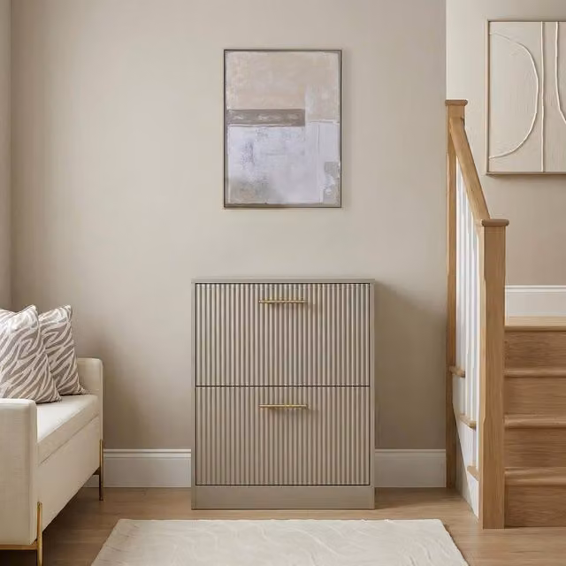 OHS Modern Ribbed 2-Drawer Shoe Cabinet with Tilting Compartments in Beige