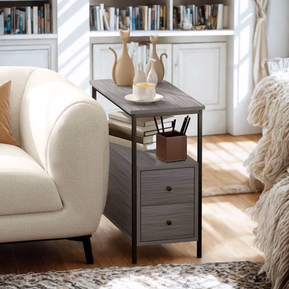 Pirlo Plush Industrial Bedside Table with 2 Drawers and Shelf, Grey and Black, W: 60 cm, D: 30 cm, H: 61 cm – 4